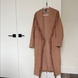 line & dot caramel Fringed Coat